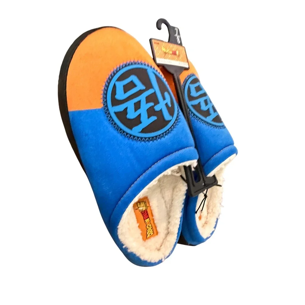 Dragon Ball Super Goku Slippers Mens 7-8 Blue Orange Kanji Faux Fur House Shoes